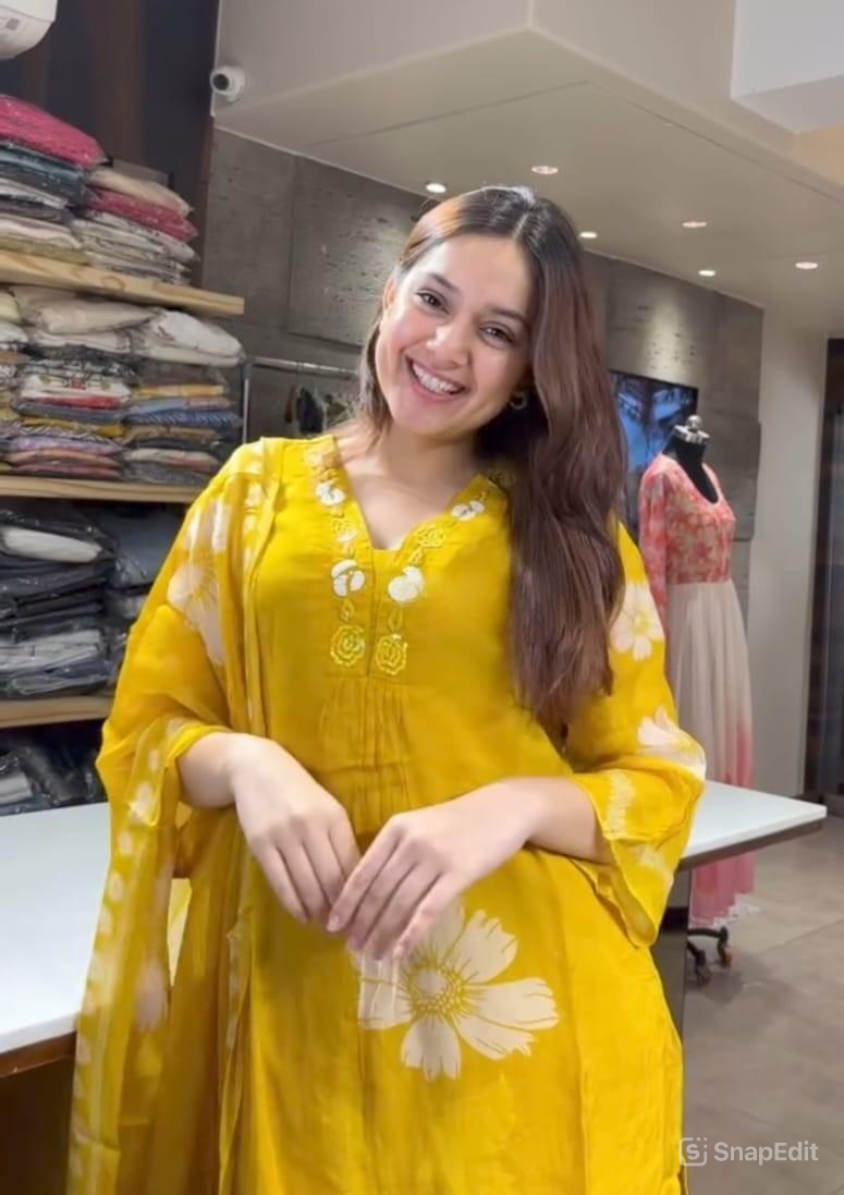 Yellow Cotton Floral Print Kurti Set with Malmal Dupatta & Yoke Work