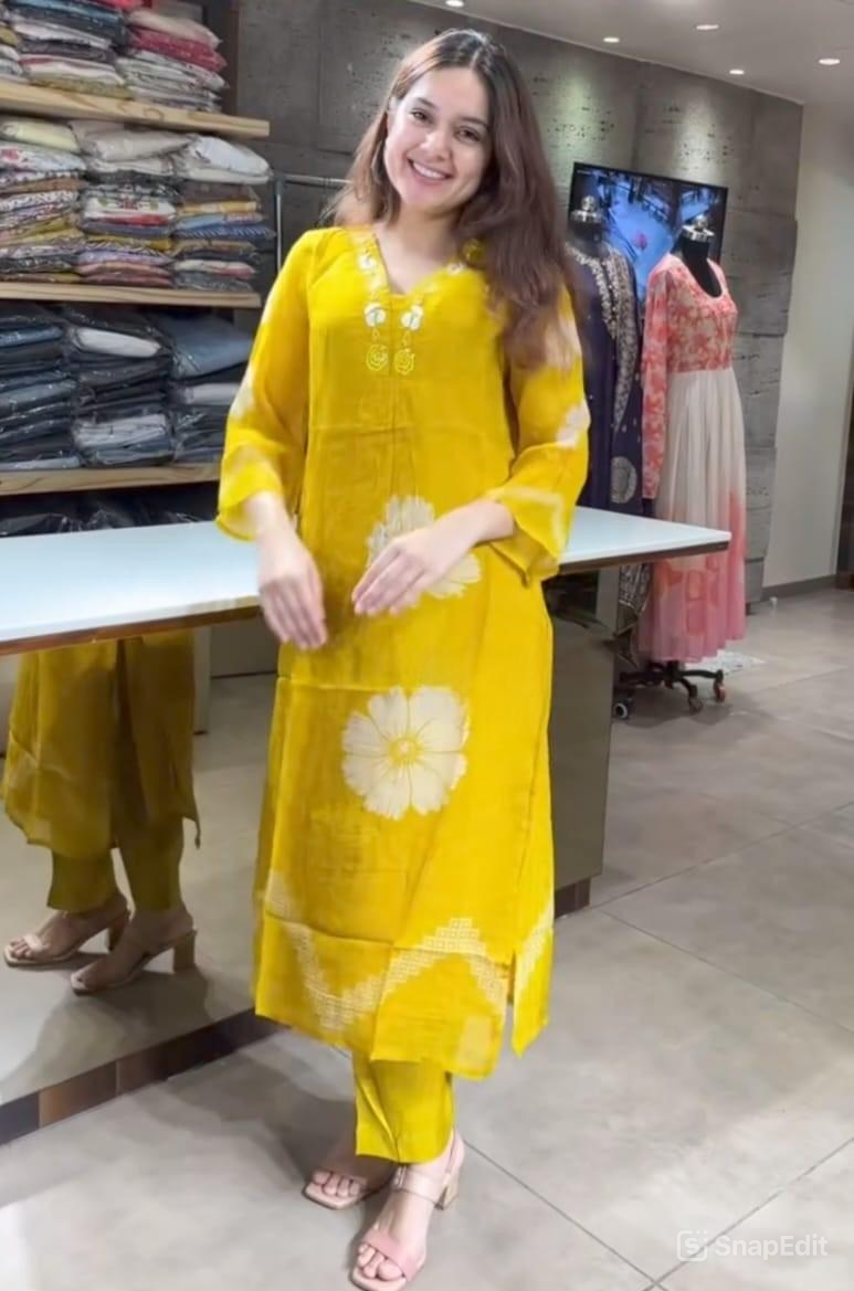 Yellow Cotton Floral Print Kurti Set with Malmal Dupatta & Yoke Work