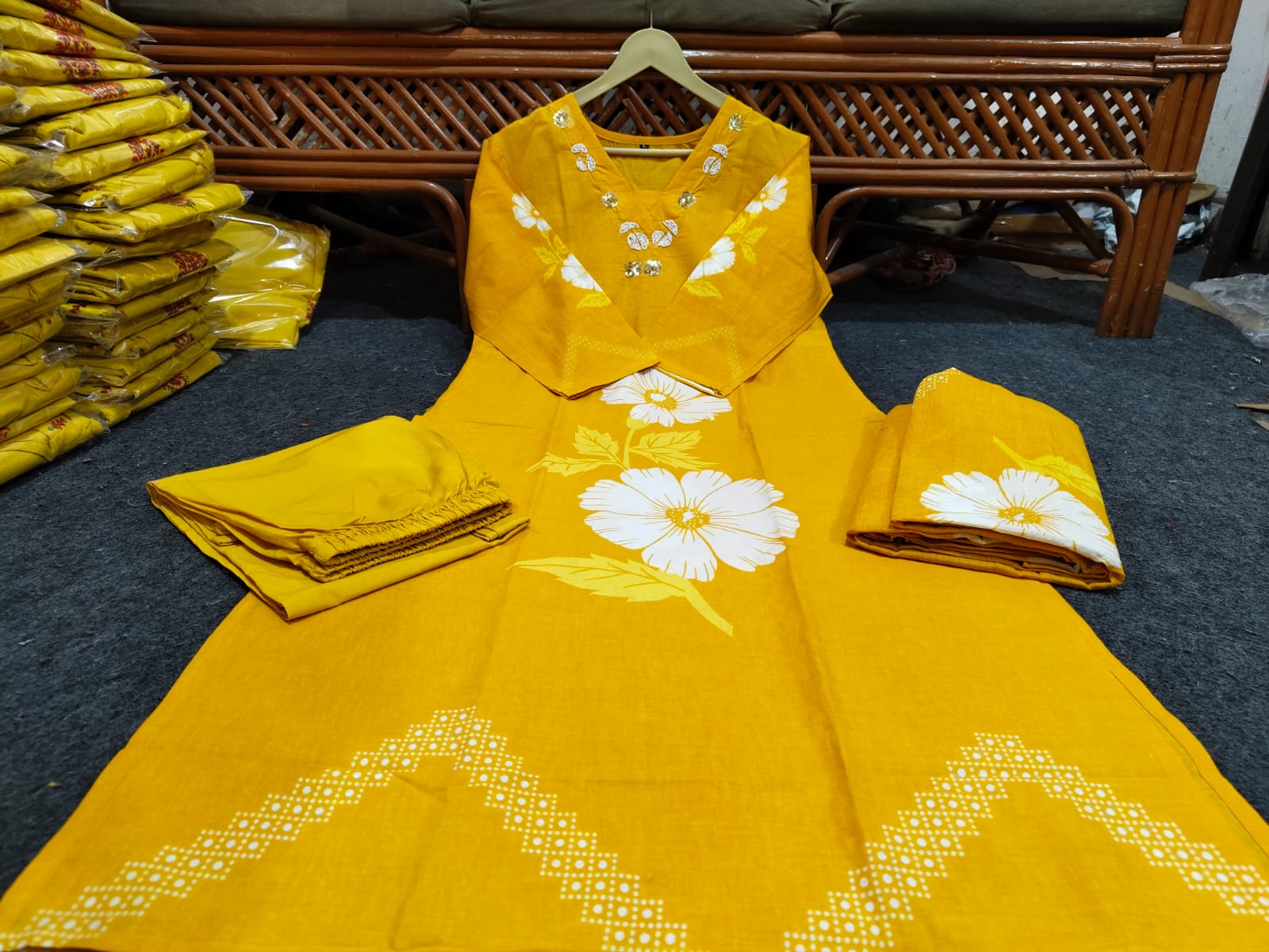 Yellow Cotton Floral Print Kurti Set with Malmal Dupatta & Yoke Work