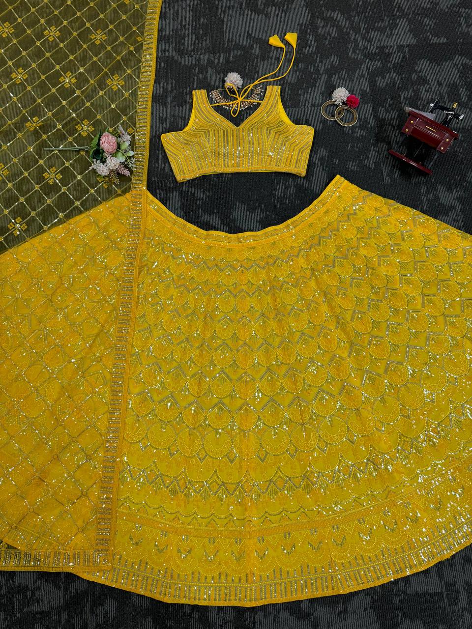 Yellow Designer Fox Georgette Semi-Stitched Lehengha Set with 9mm Sequin & Thread Embroidery