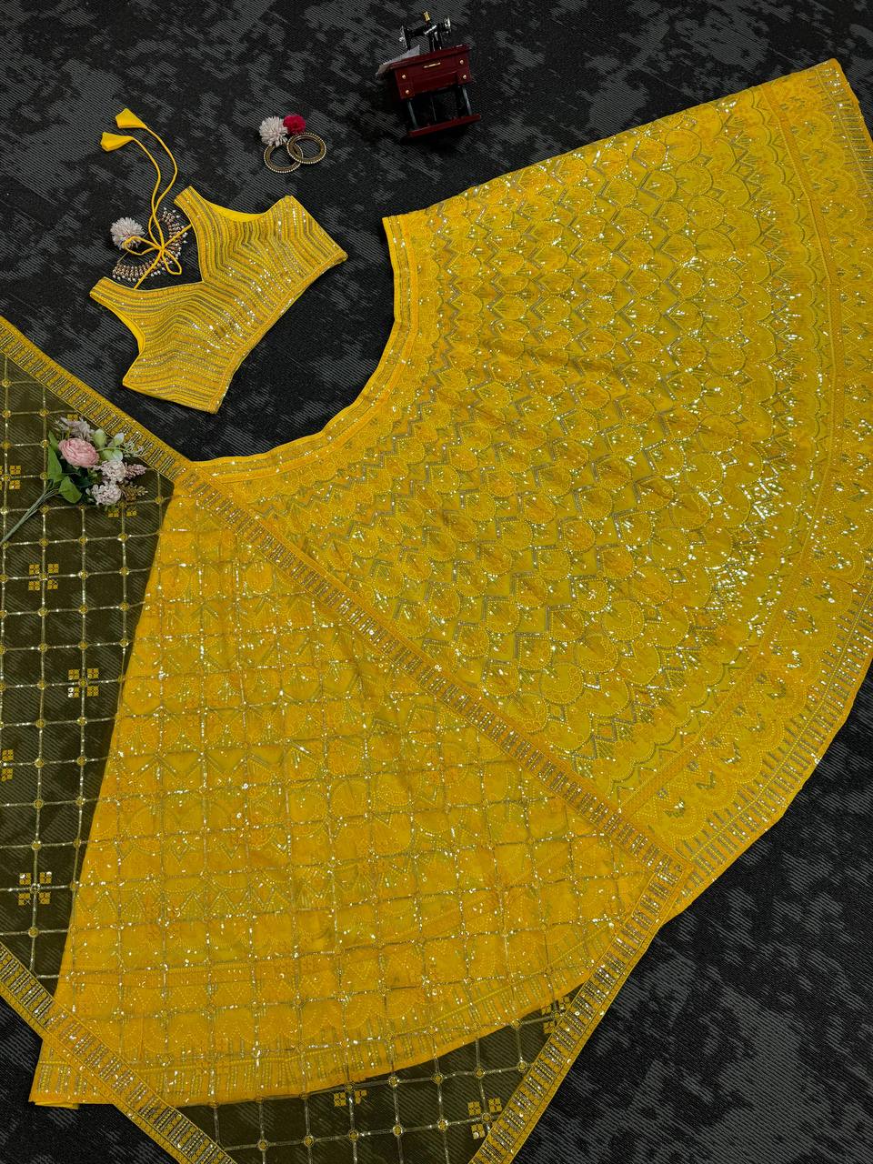 Yellow Designer Fox Georgette Semi-Stitched Lehengha Set with 9mm Sequin & Thread Embroidery