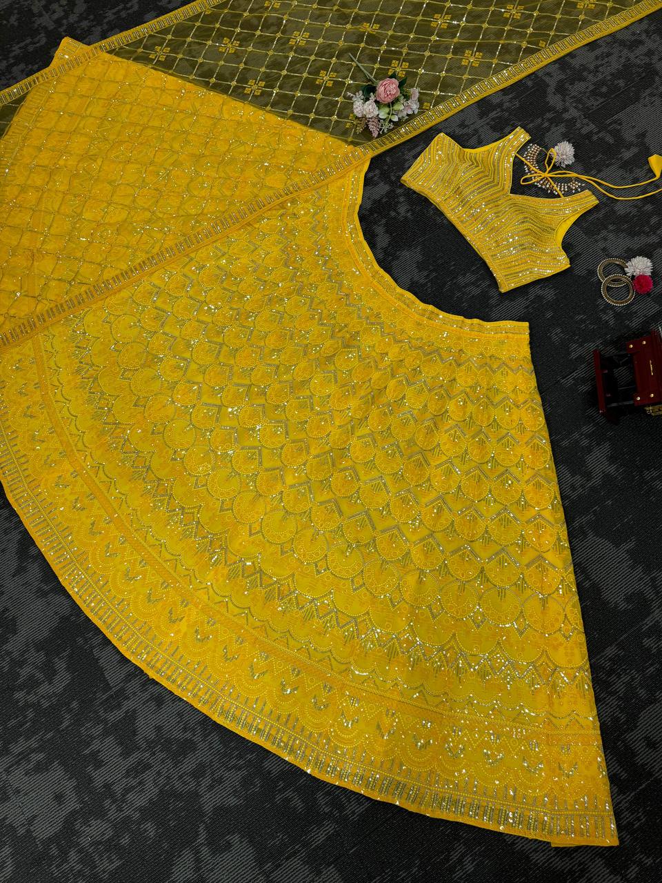 Yellow Designer Fox Georgette Semi-Stitched Lehengha Set with 9mm Sequin & Thread Embroidery