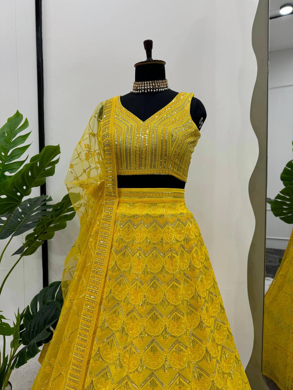 Yellow Designer Fox Georgette Semi-Stitched Lehengha Set with 9mm Sequin & Thread Embroidery