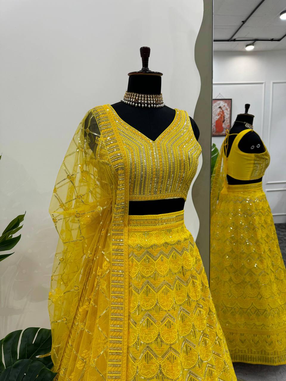 Yellow Designer Fox Georgette Semi-Stitched Lehengha Set with 9mm Sequin & Thread Embroidery