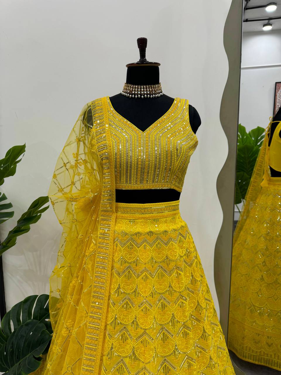 Yellow Designer Fox Georgette Semi-Stitched Lehengha Set with 9mm Sequin & Thread Embroidery