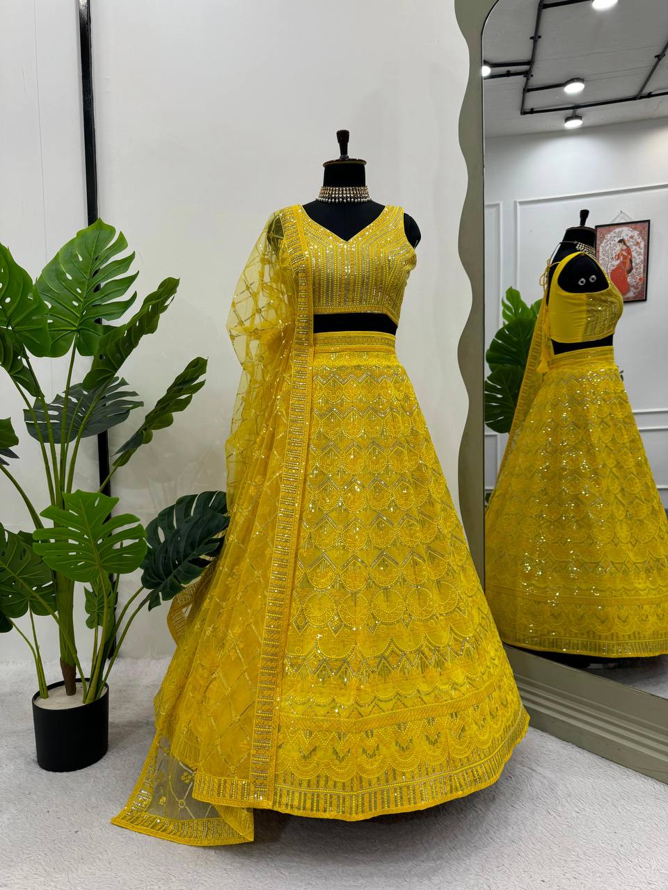 Yellow Designer Fox Georgette Semi-Stitched Lehengha Set with 9mm Sequin & Thread Embroidery