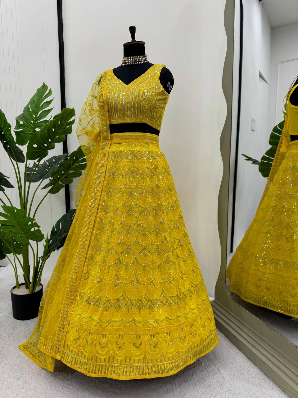 Yellow Designer Fox Georgette Semi-Stitched Lehengha Set with 9mm Sequin & Thread Embroidery