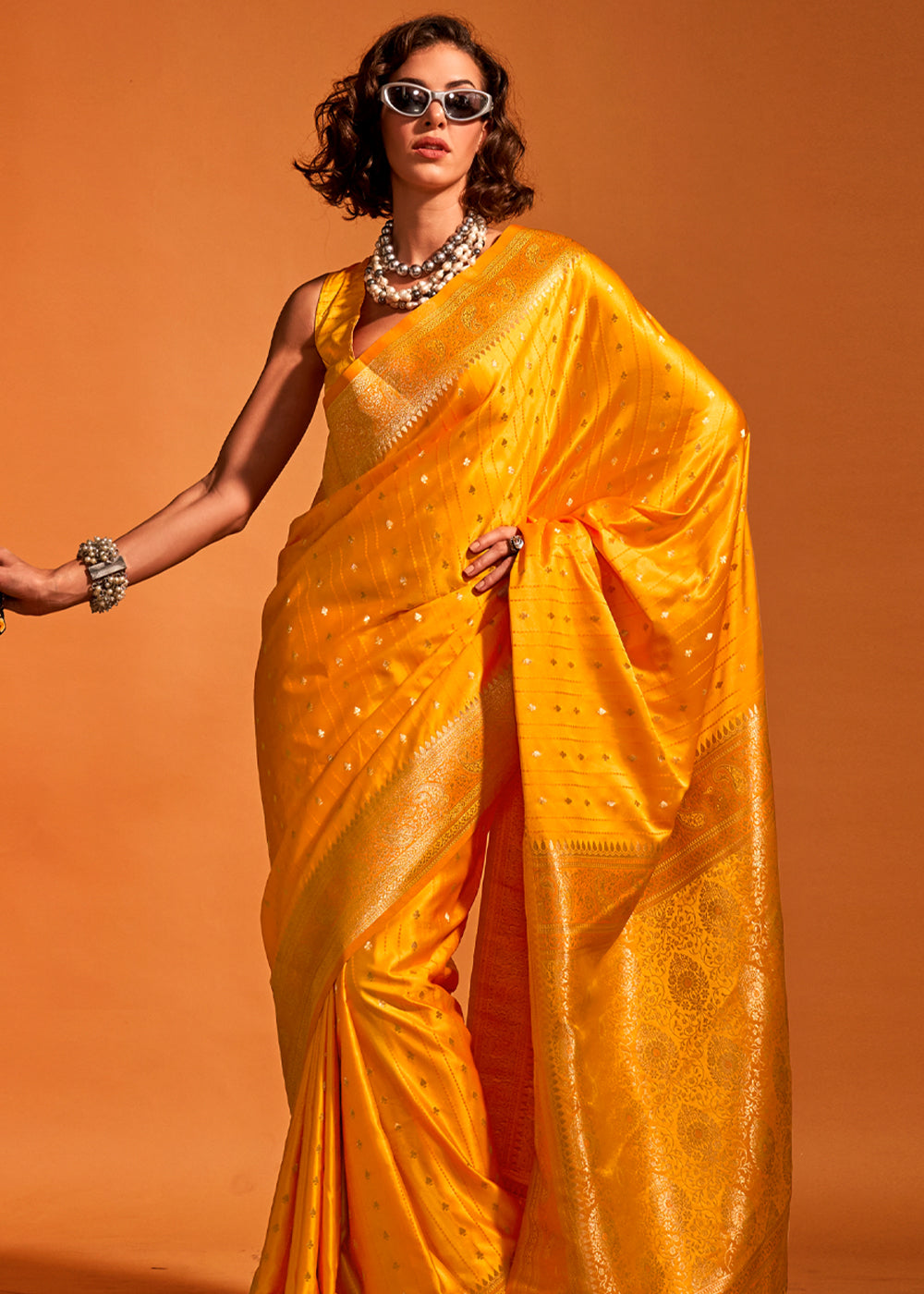Yellow Designer Satin Silk Saree with Blouse Piece