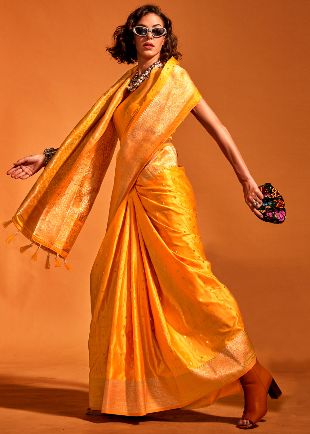 Yellow Designer Satin Silk Saree with Blouse Piece