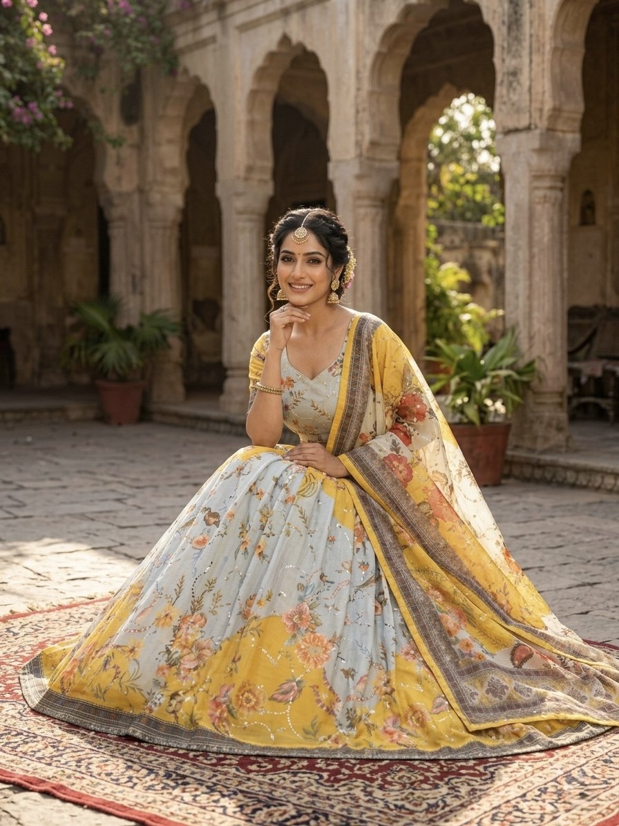 Yellow Digital Print Silk Lehenga Set