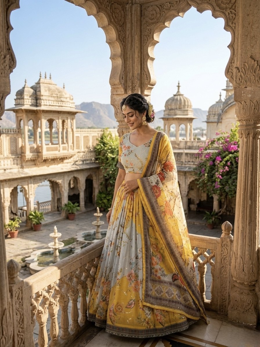 Yellow Digital Print Silk Lehenga Set