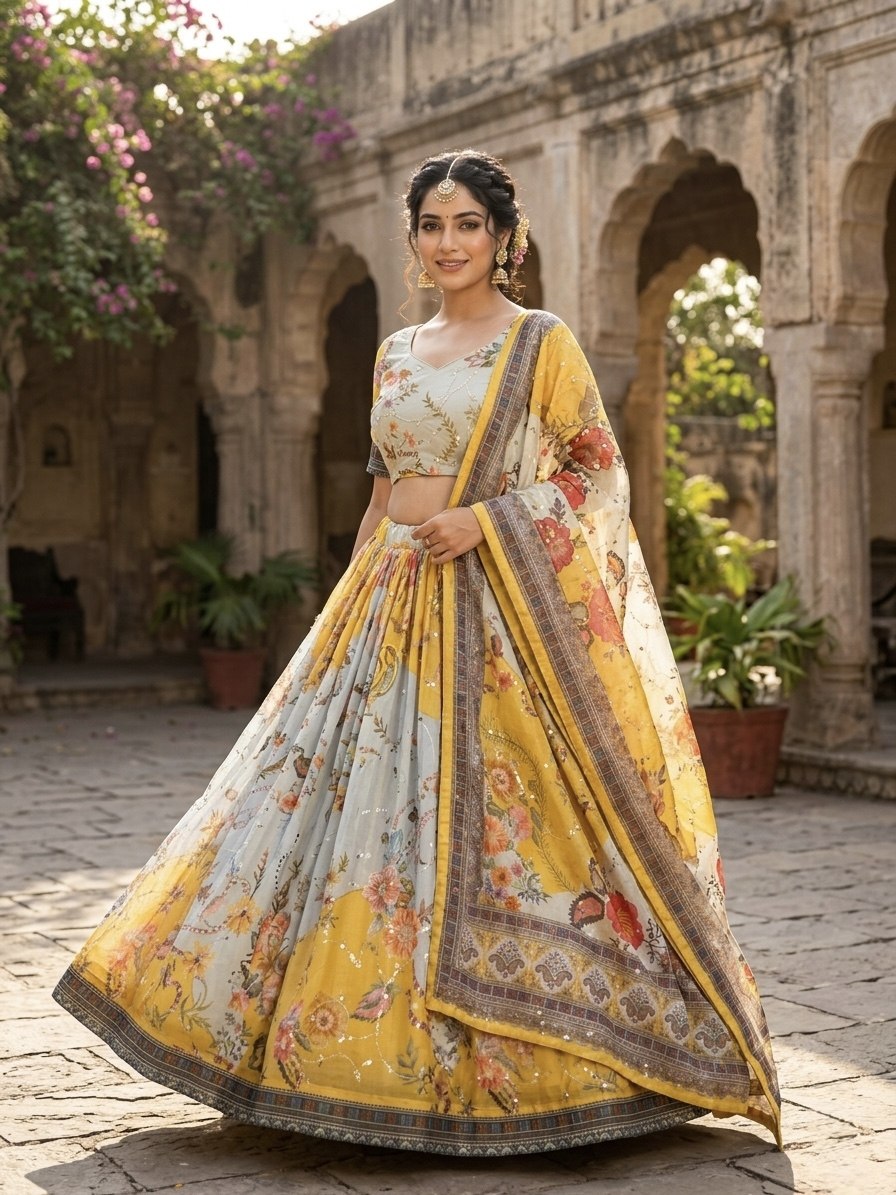 Yellow Digital Print Silk Lehenga Set