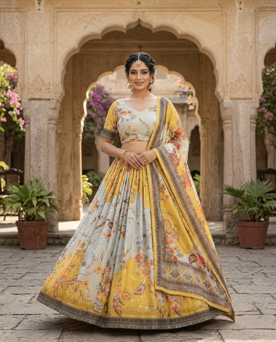 Yellow Digital Print Silk Lehenga Set