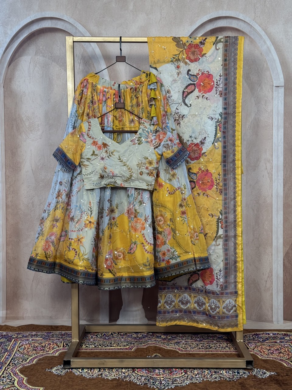 Yellow Digital Print Silk Lehenga Set