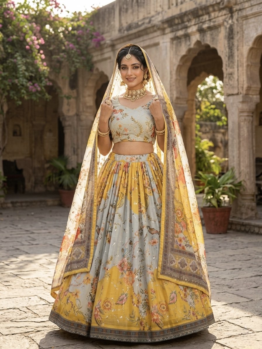 Yellow Digital Print Silk Lehenga Set