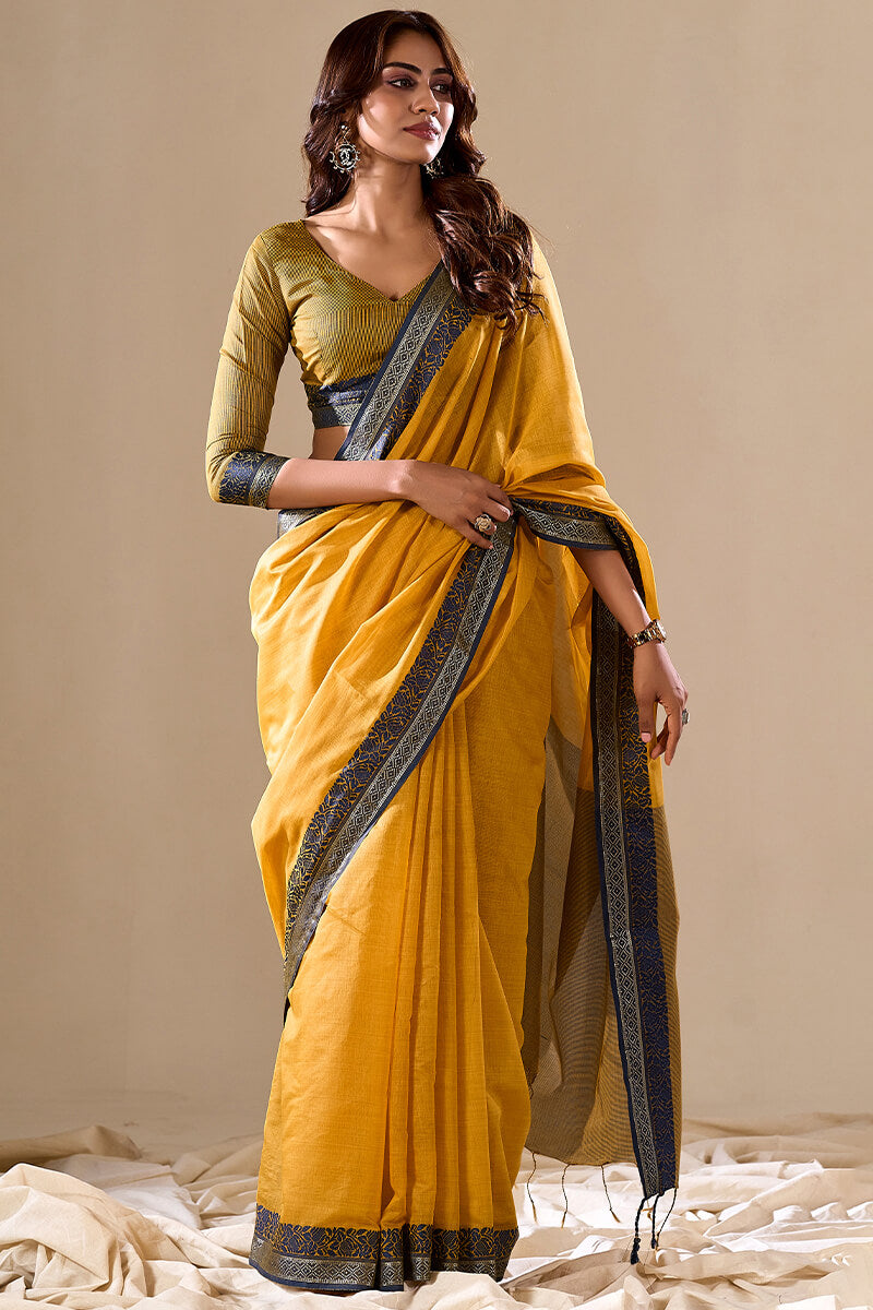 Yellow Elegant Banarasi Silk Blend Saree with Zari Woven Border