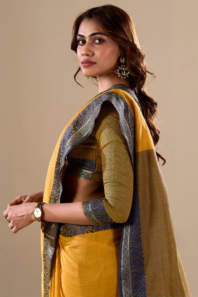 Yellow Elegant Banarasi Silk Blend Saree with Zari Woven Border