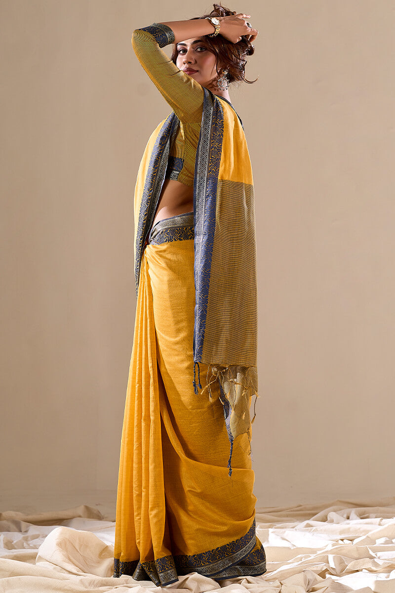 Yellow Elegant Banarasi Silk Blend Saree with Zari Woven Border