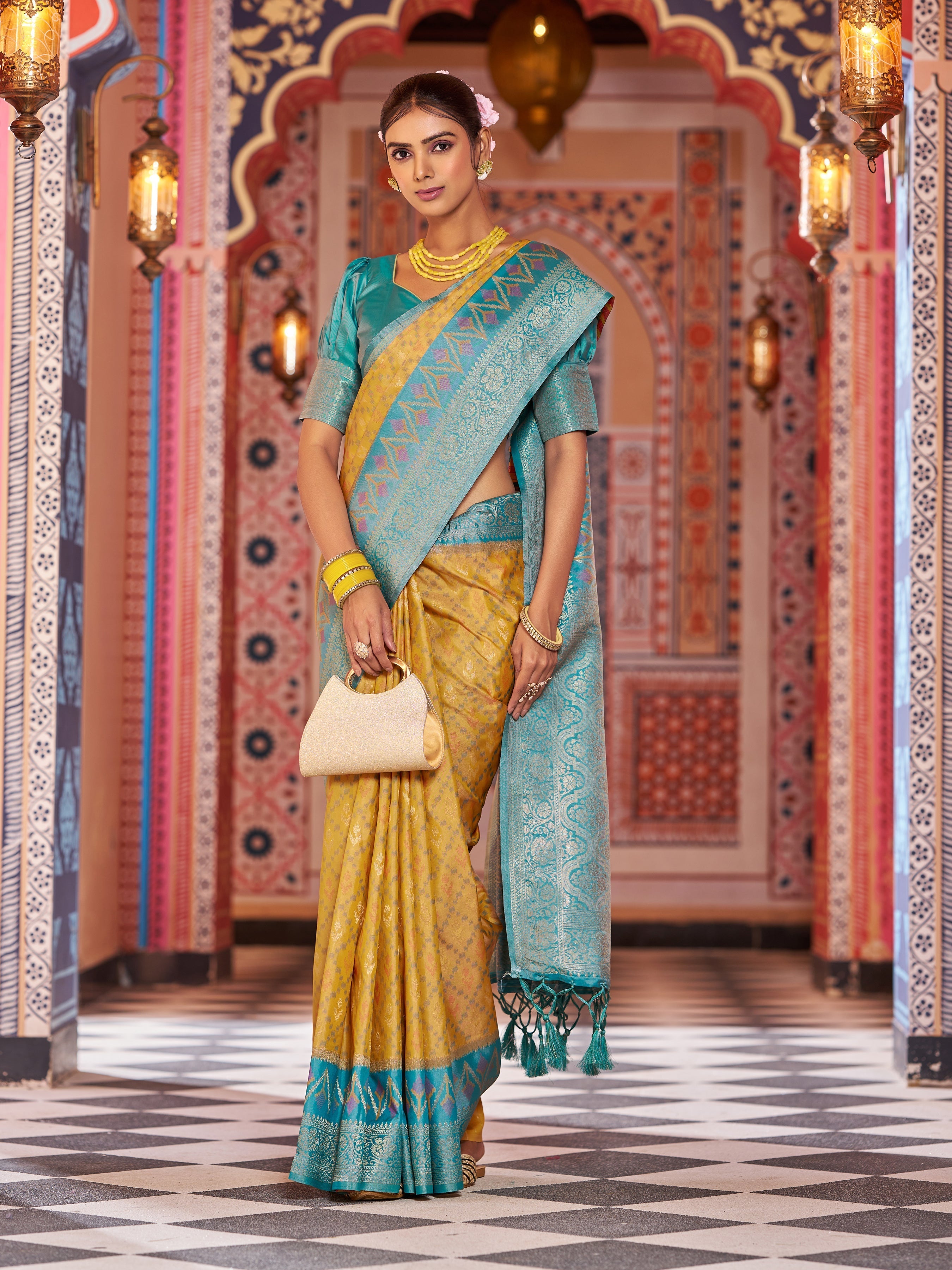 Yellow Elegant Banarasi Tissue Silk Saree with Zari Woven Design