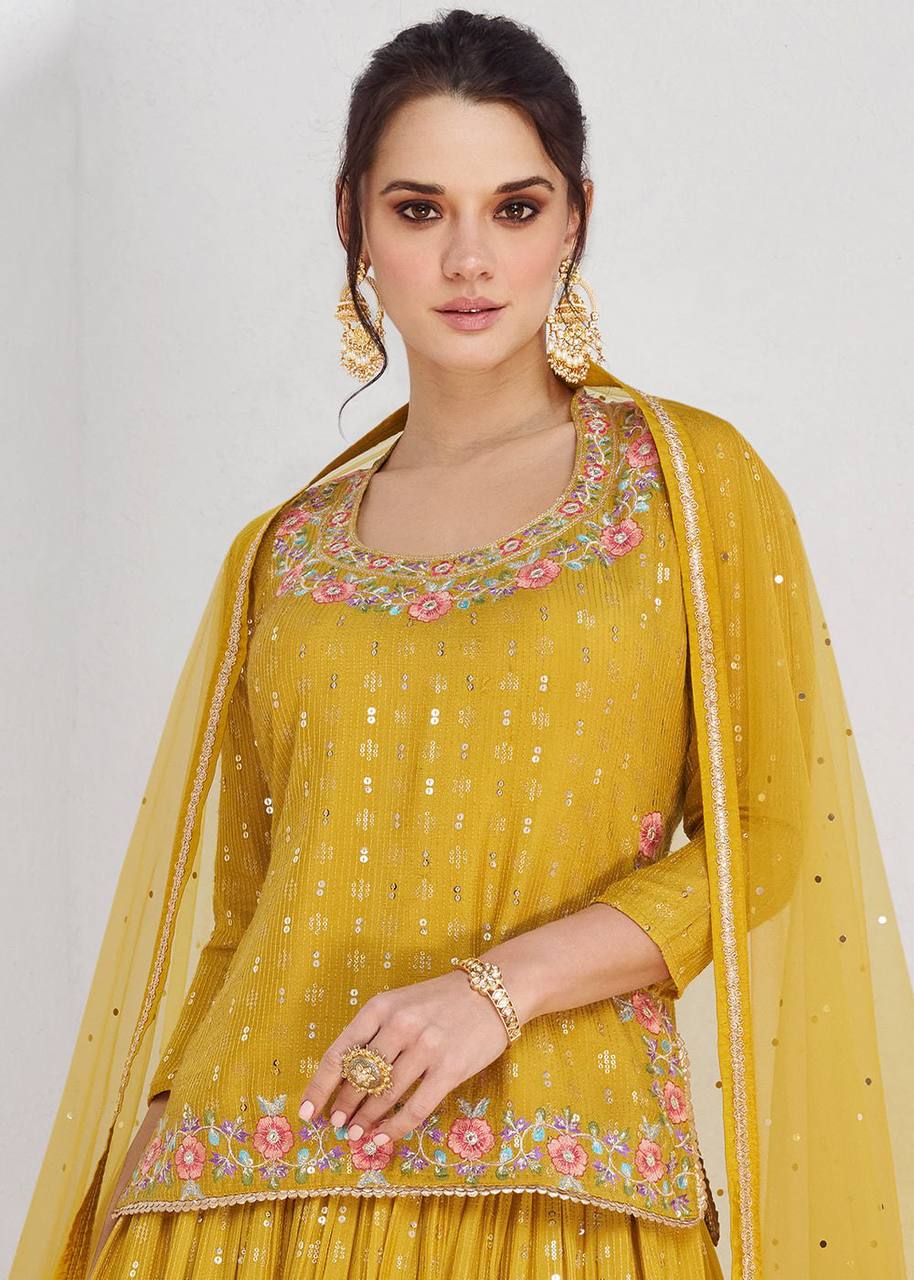 Yellow Elegant Chinon Embroidered Lehenga Set with Dupatta