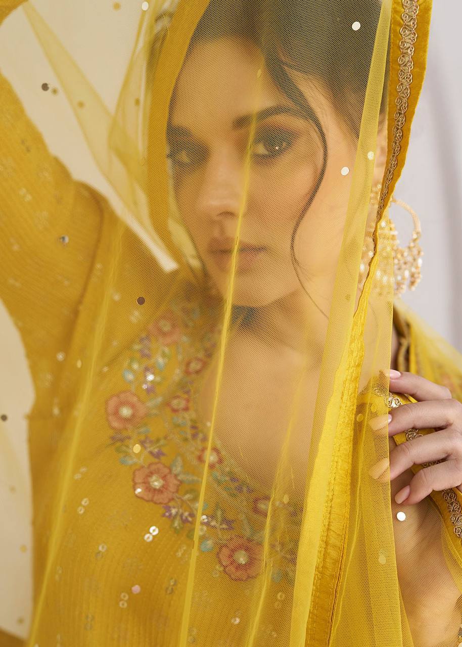 Yellow Elegant Chinon Embroidered Lehenga Set with Dupatta