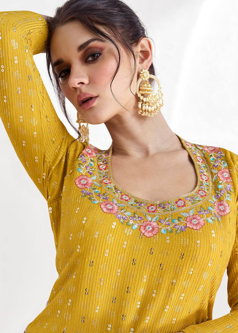 Yellow Elegant Chinon Embroidered Lehenga Set with Dupatta