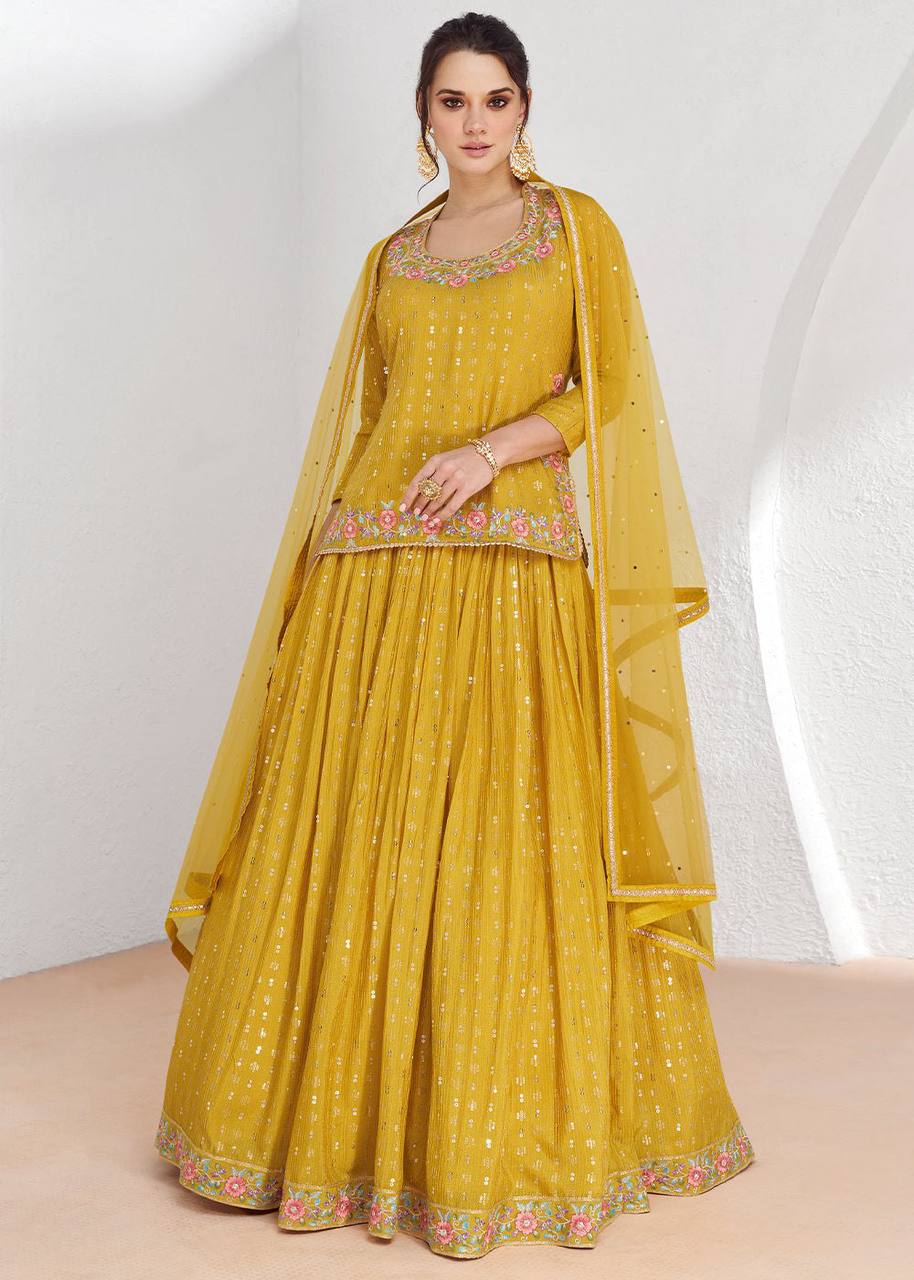 Yellow Elegant Chinon Embroidered Lehenga Set with Dupatta