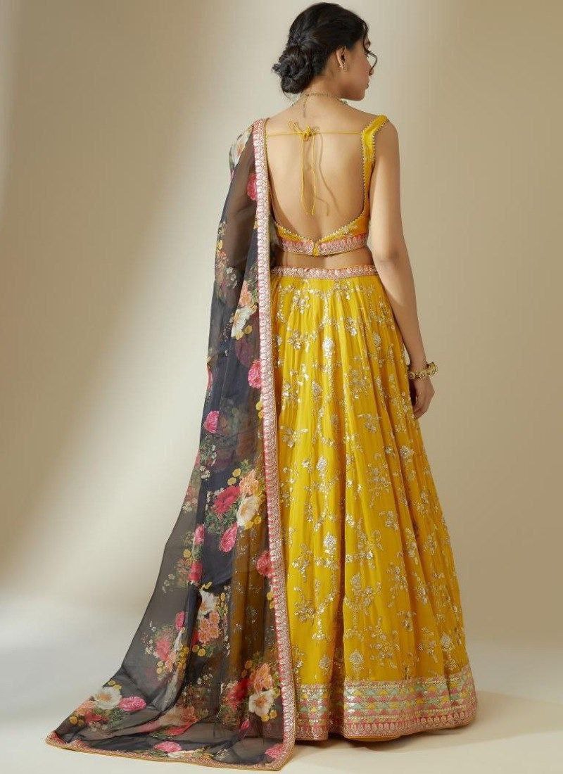 Yellow Elegant Georgette Semi-Stitched Lehenga with Zari & Sequins Embroidery, Organza Printed Dupatta, and Unstitched Blouse