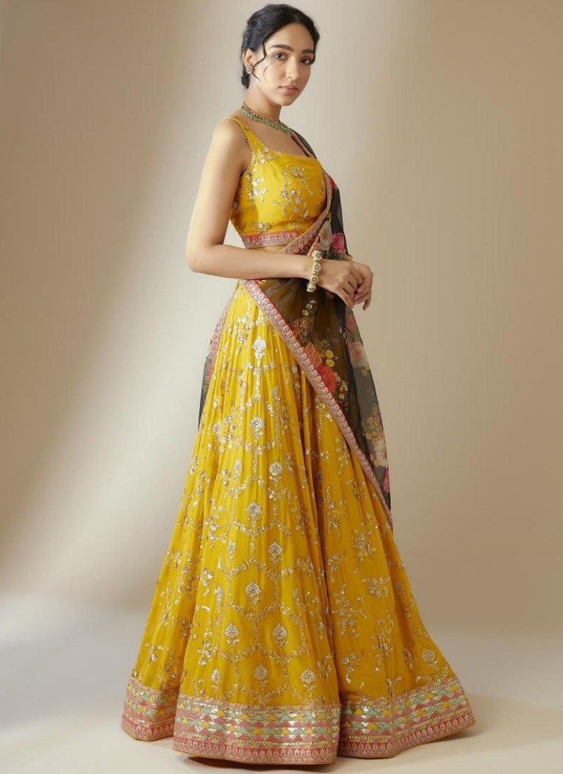 Yellow Elegant Georgette Semi-Stitched Lehenga with Zari & Sequins Embroidery, Organza Printed Dupatta, and Unstitched Blouse