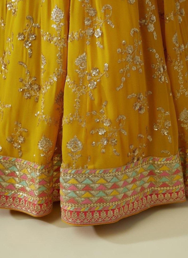 Yellow Elegant Georgette Semi-Stitched Lehenga with Zari & Sequins Embroidery, Organza Printed Dupatta, and Unstitched Blouse