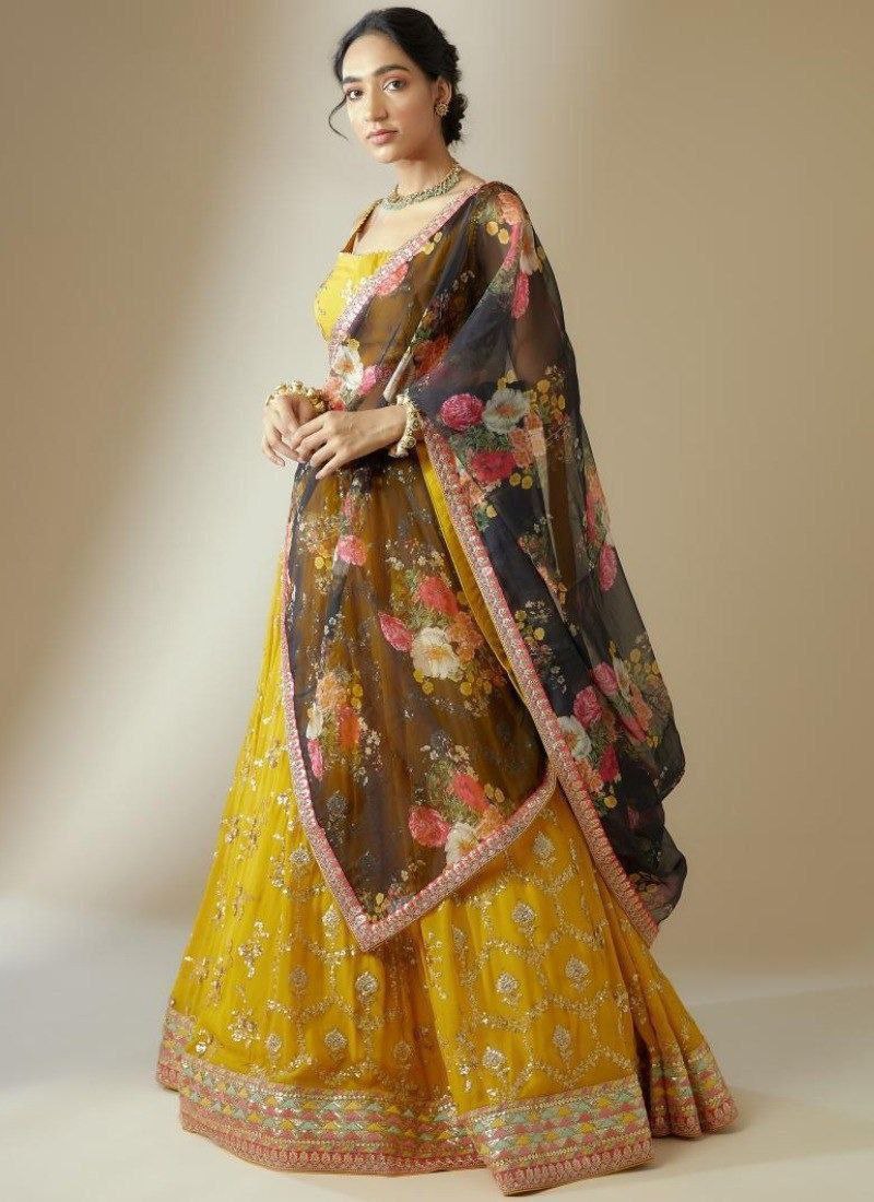 Yellow Elegant Georgette Semi-Stitched Lehenga with Zari & Sequins Embroidery, Organza Printed Dupatta, and Unstitched Blouse