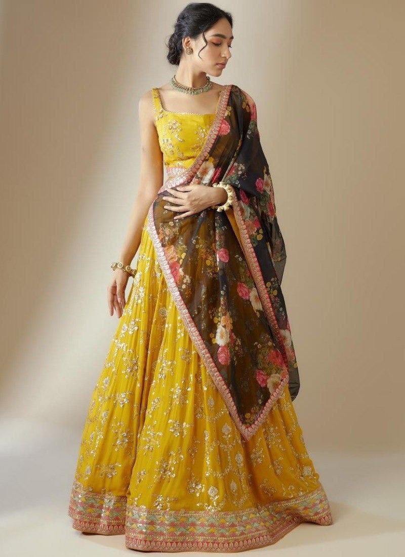 Yellow Elegant Georgette Semi-Stitched Lehenga with Zari & Sequins Embroidery, Organza Printed Dupatta, and Unstitched Blouse