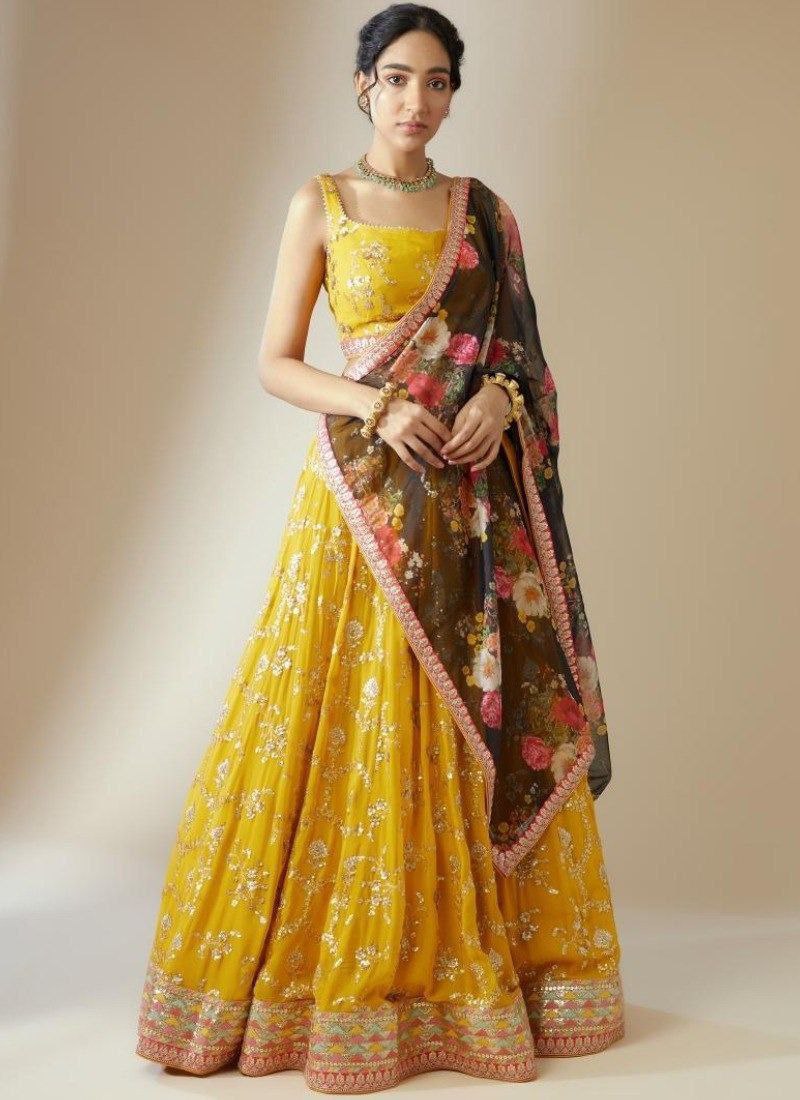 Yellow Elegant Georgette Semi-Stitched Lehenga with Zari & Sequins Embroidery, Organza Printed Dupatta, and Unstitched Blouse