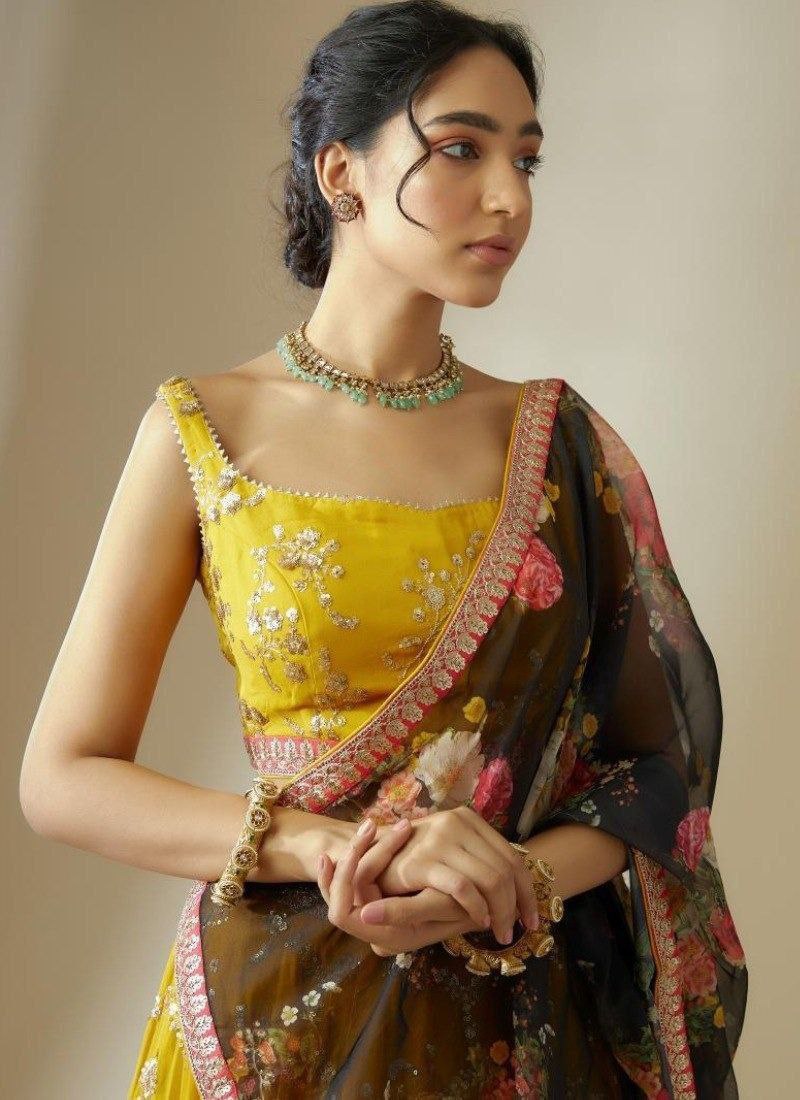 Yellow Elegant Georgette Semi-Stitched Lehenga with Zari & Sequins Embroidery, Organza Printed Dupatta, and Unstitched Blouse