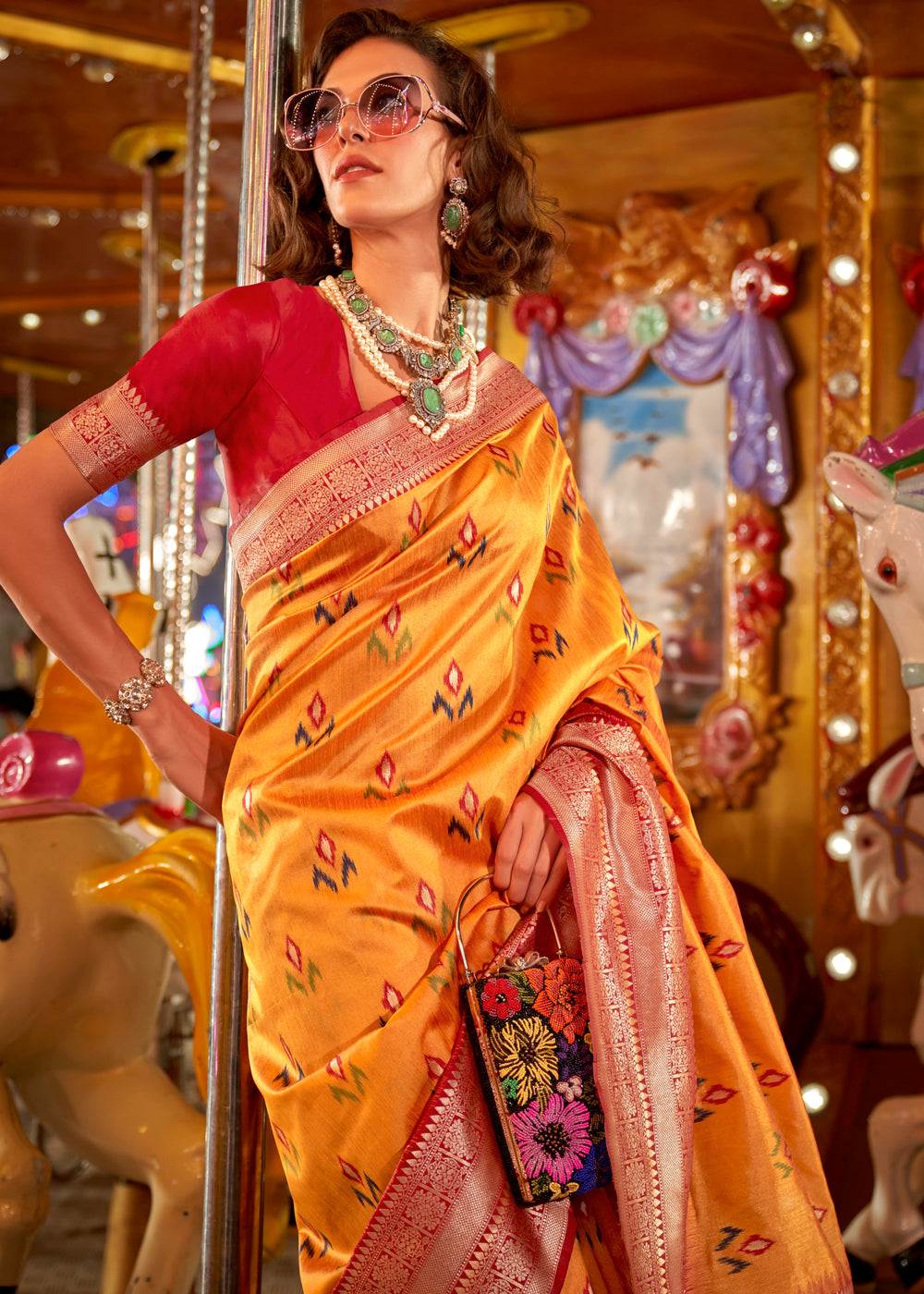 Yellow Elegant Handloom Banarasi Silk Blend Saree with Woven Work & Blouse Piece