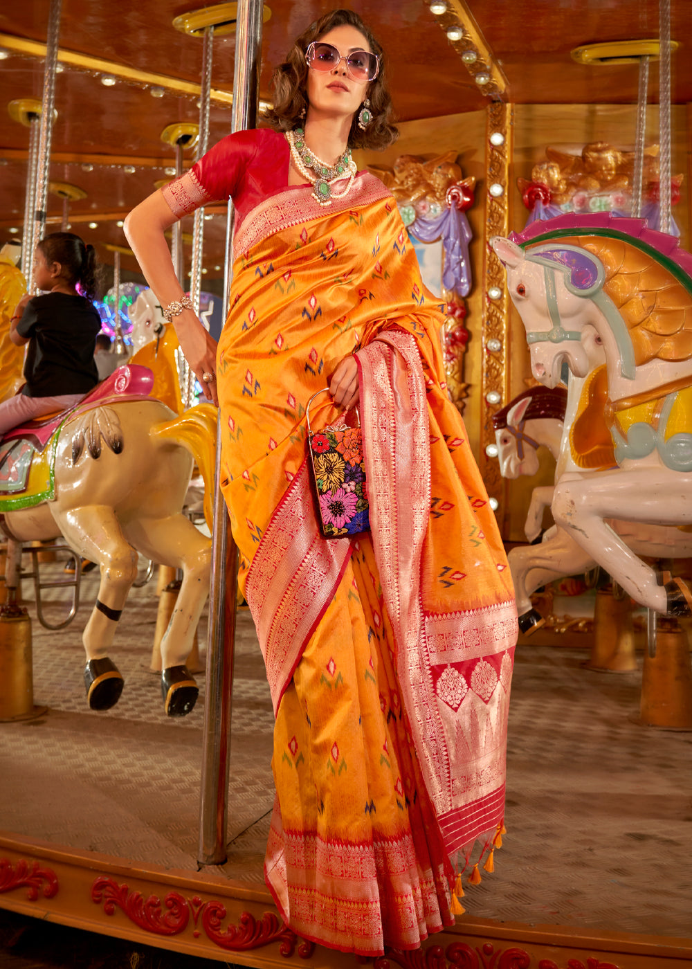 Yellow Elegant Handloom Banarasi Silk Blend Saree with Woven Work & Blouse Piece