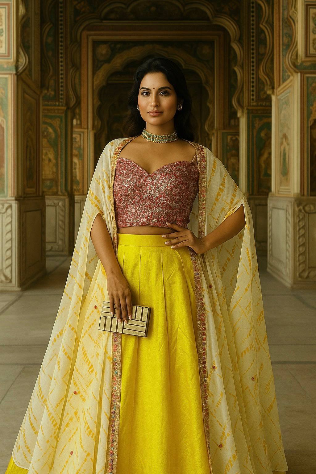 Yellow Elegant Kasturi Slub Silk Lehenga Set with Georgette Shibori Koti – Foil Mirror & Thread Work, Unstitched Blouse