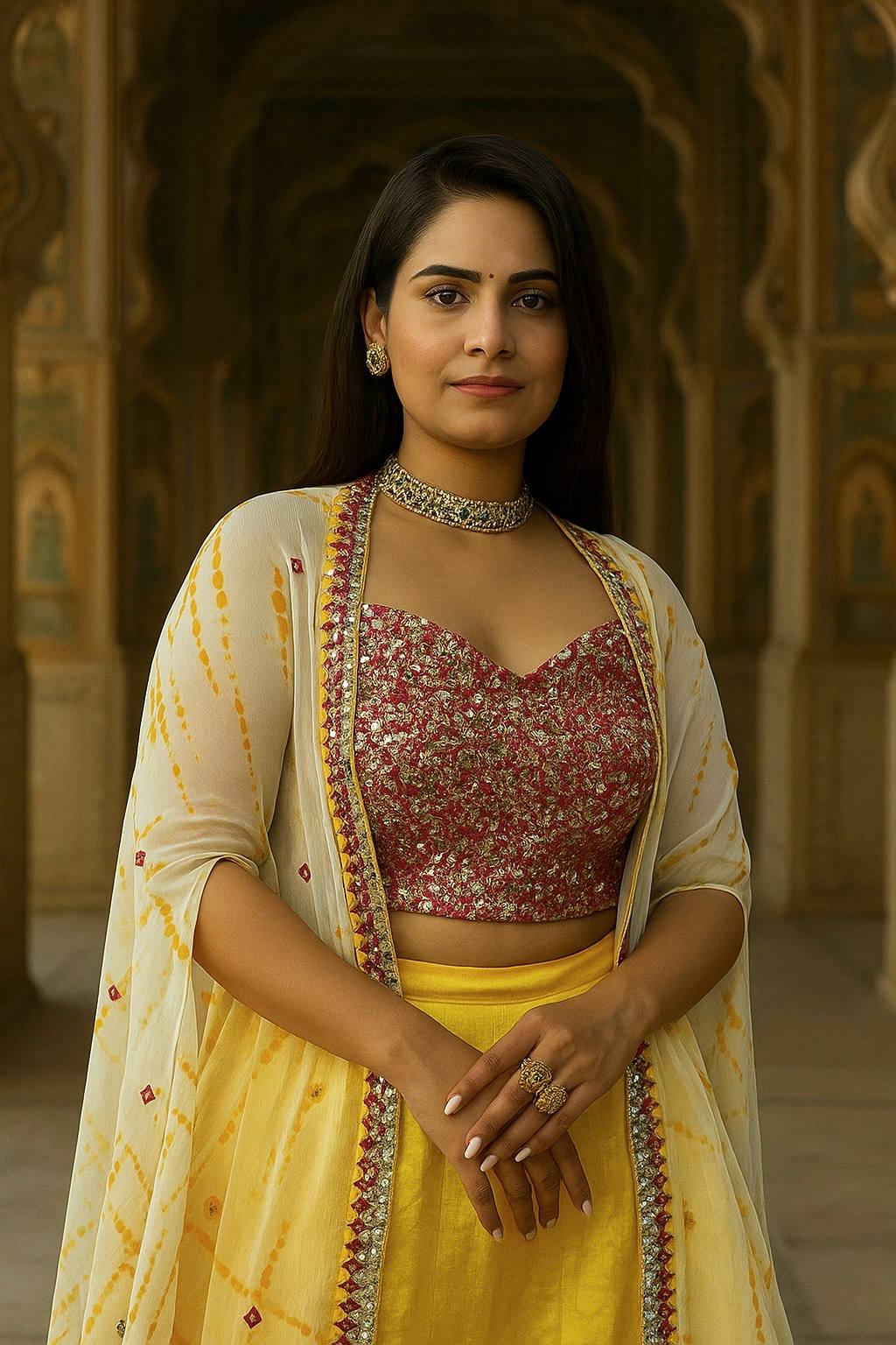 Yellow Elegant Kasturi Slub Silk Lehenga Set with Georgette Shibori Koti – Foil Mirror & Thread Work, Unstitched Blouse
