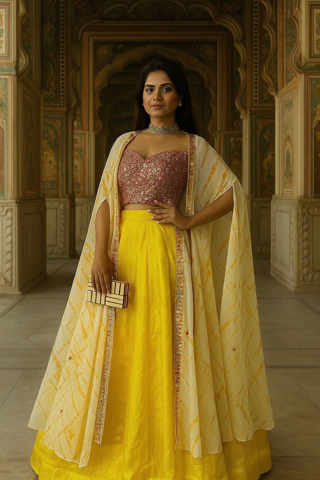 Yellow Elegant Kasturi Slub Silk Lehenga Set with Georgette Shibori Koti – Foil Mirror & Thread Work, Unstitched Blouse