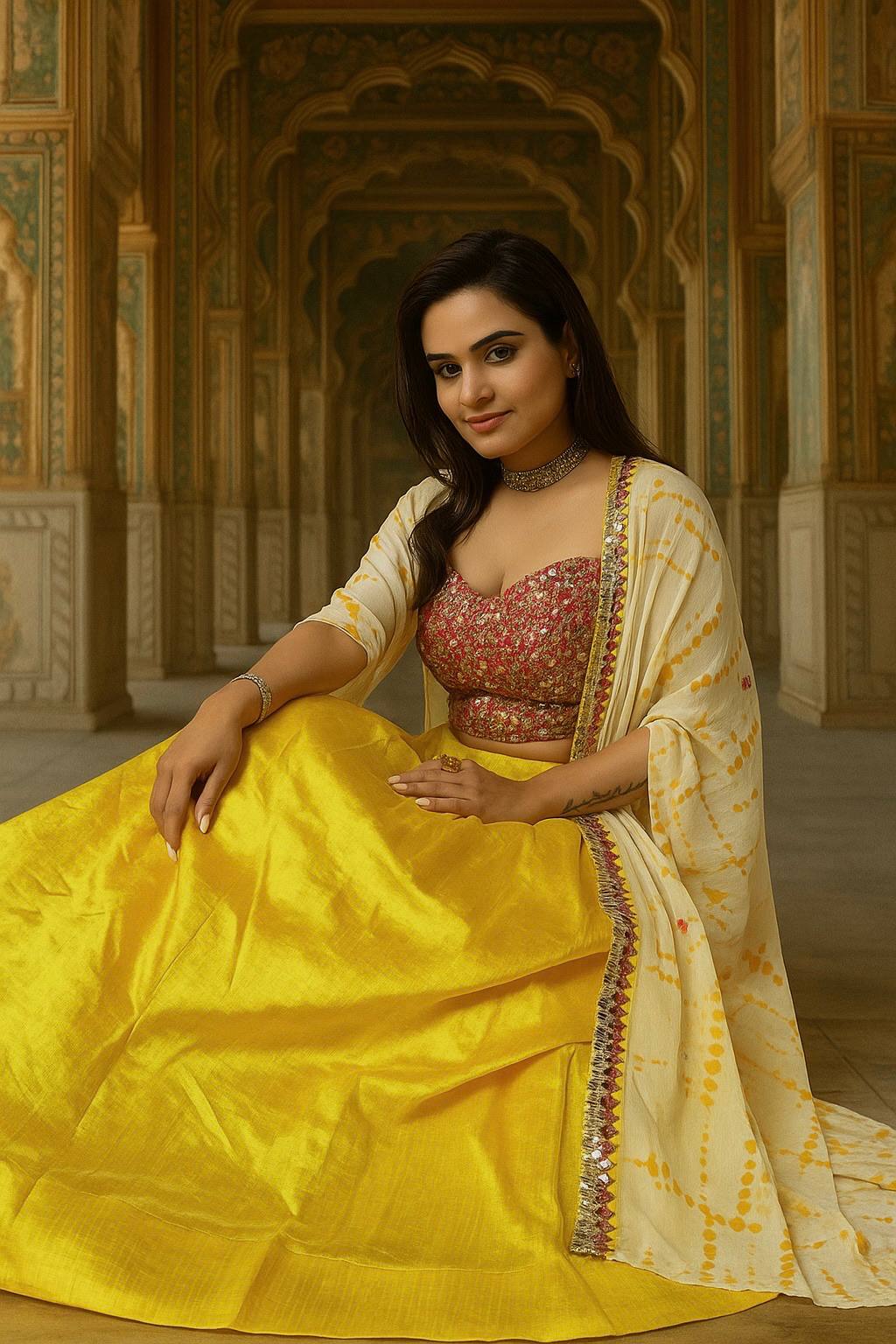 Yellow Elegant Kasturi Slub Silk Lehenga Set with Georgette Shibori Koti – Foil Mirror & Thread Work, Unstitched Blouse