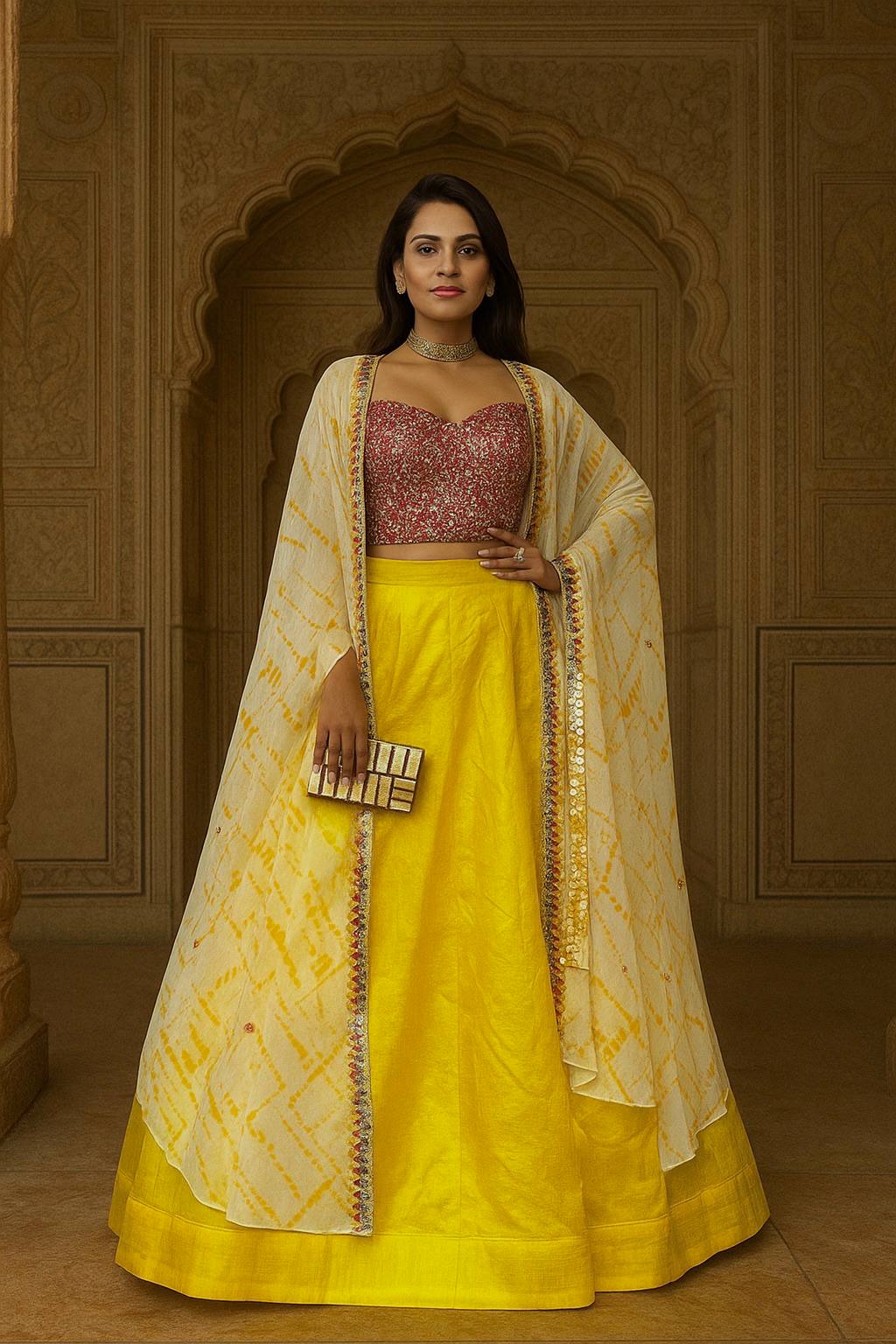 Yellow Elegant Kasturi Slub Silk Lehenga Set with Georgette Shibori Koti – Foil Mirror & Thread Work, Unstitched Blouse
