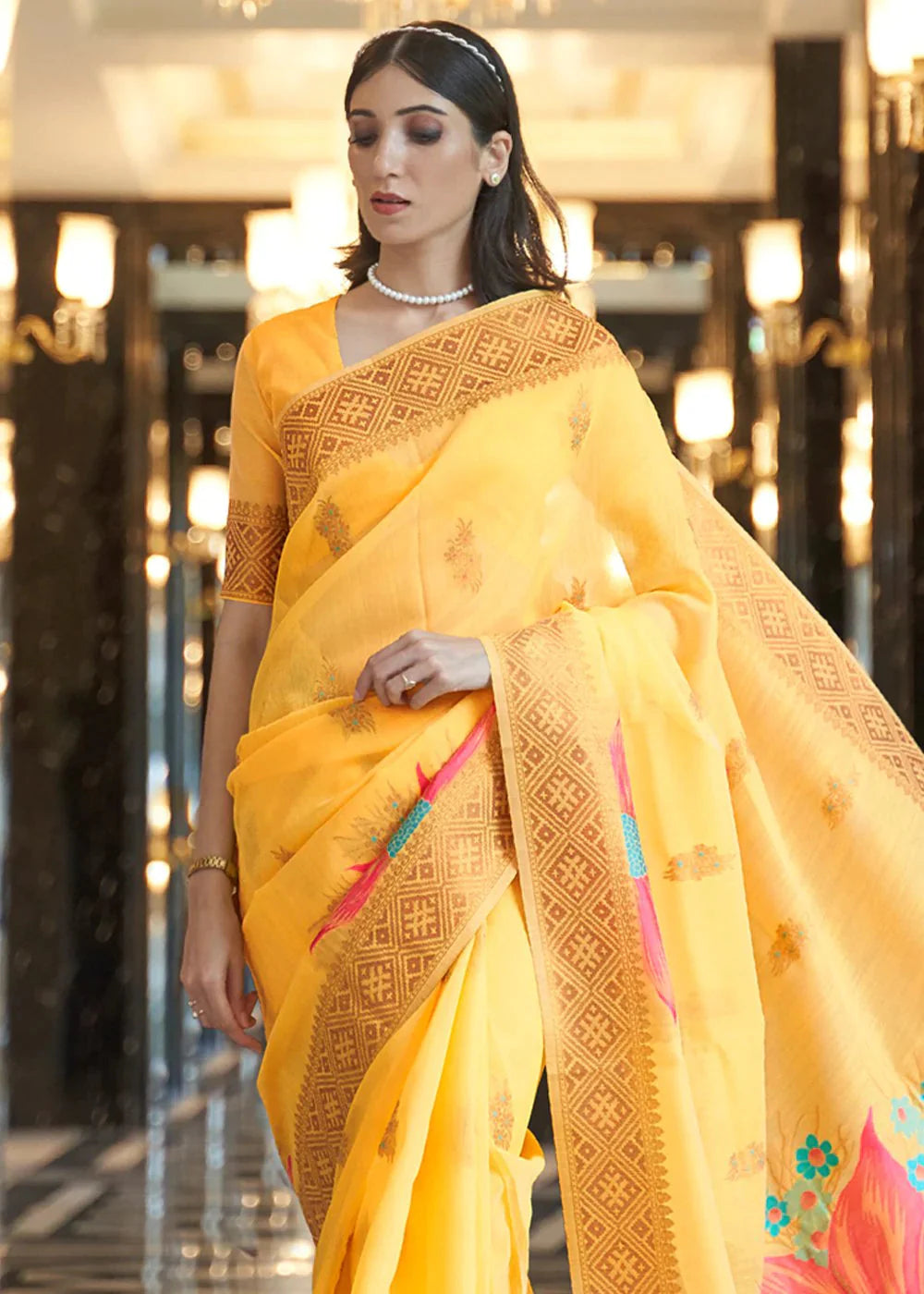 Yellow Elegant Linen Saree with Floral Printed Weaving Work