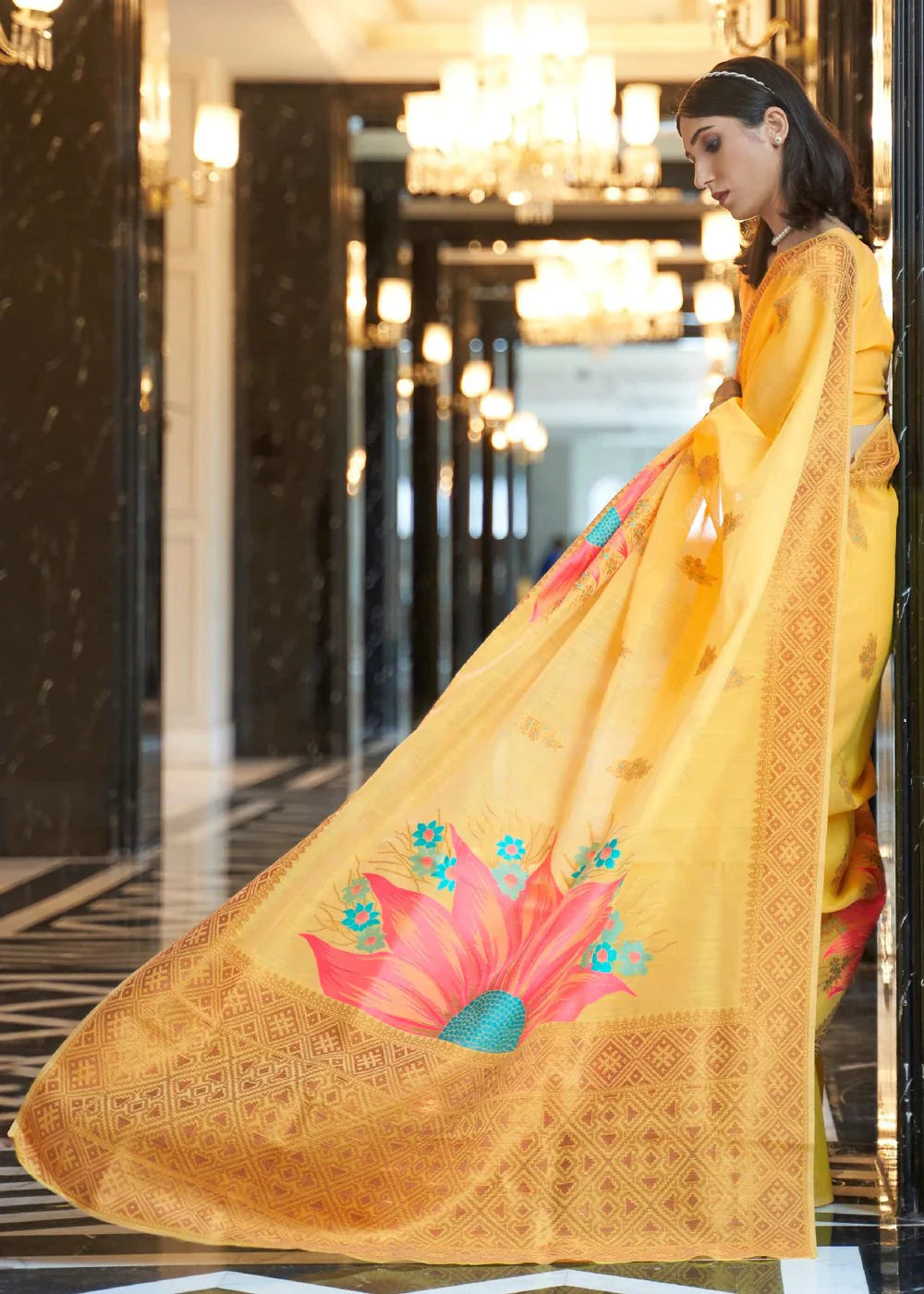 Yellow Elegant Linen Saree with Floral Printed Weaving Work