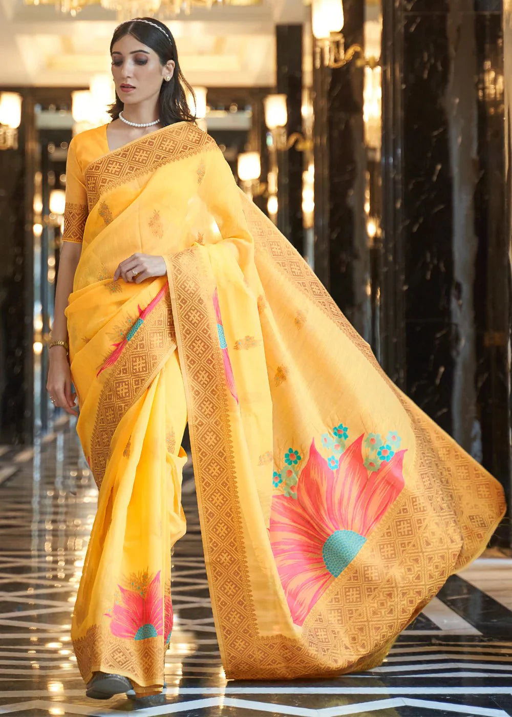 Yellow Elegant Linen Saree with Floral Printed Weaving Work