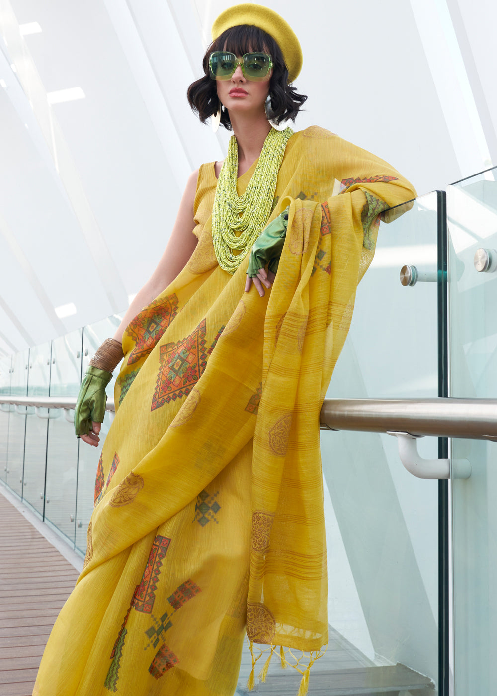 Yellow Elegant Linen Silk Saree – Breathable & Stylish with Blouse Piece