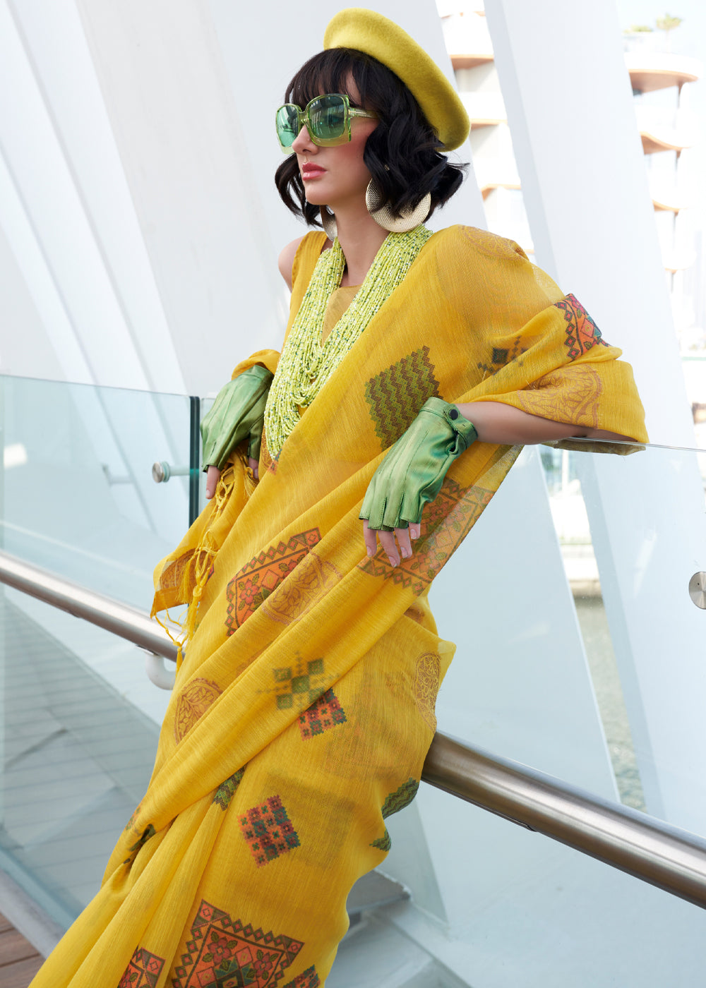 Yellow Elegant Linen Silk Saree – Breathable & Stylish with Blouse Piece