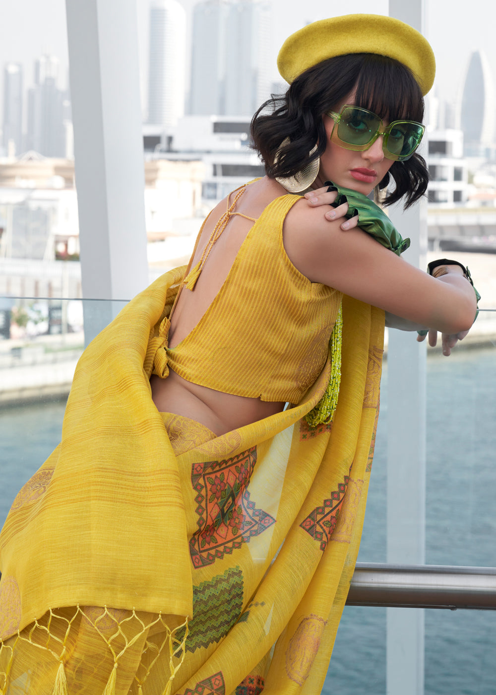 Yellow Elegant Linen Silk Saree – Breathable & Stylish with Blouse Piece