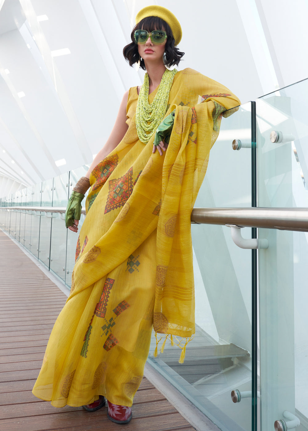 Yellow Elegant Linen Silk Saree – Breathable & Stylish with Blouse Piece