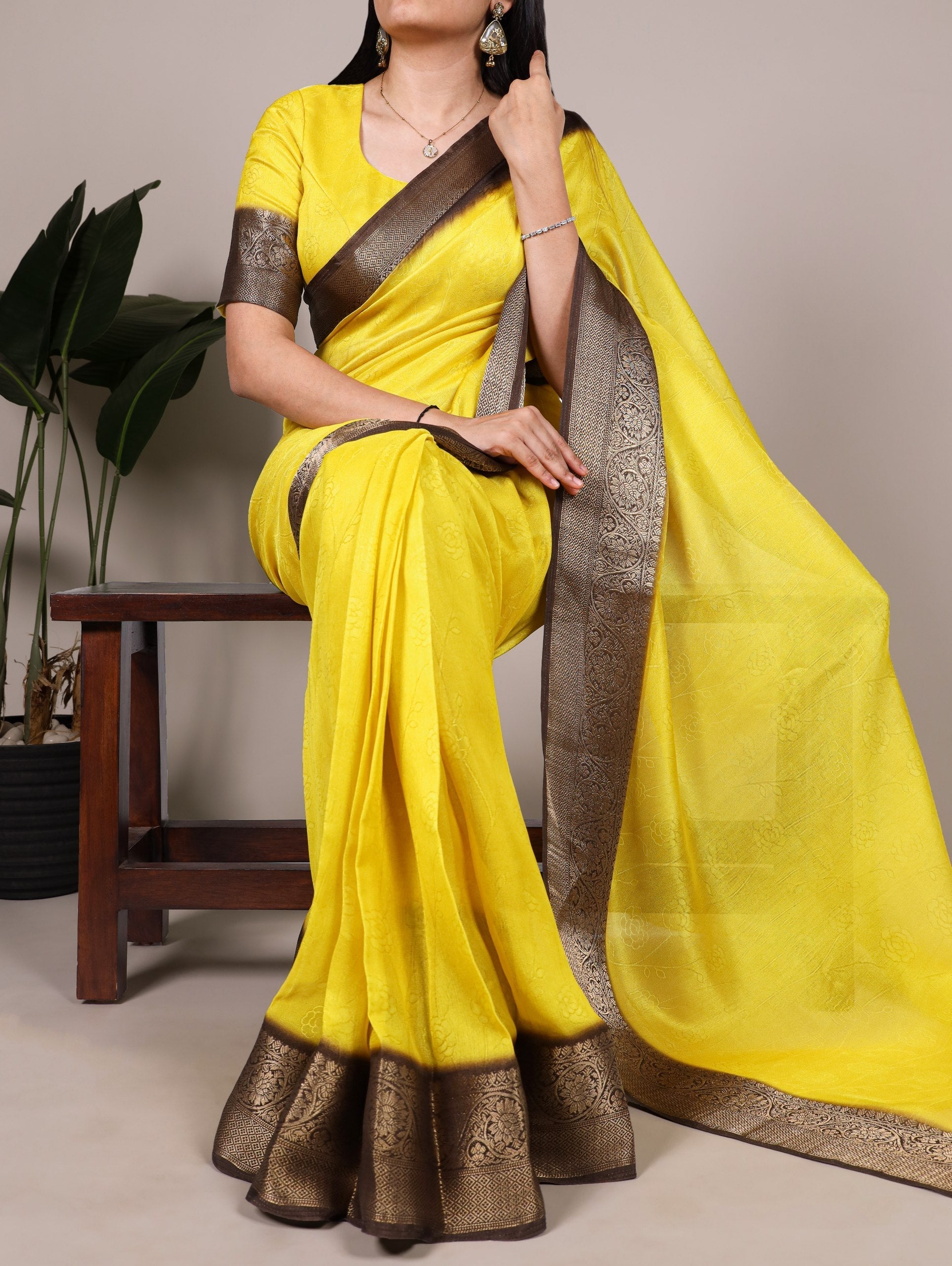 Yellow Elegant Marsh Mello Zari Weaving Saree with Matching Unstitched Blouse – Traditional Festive & Wedding Wear