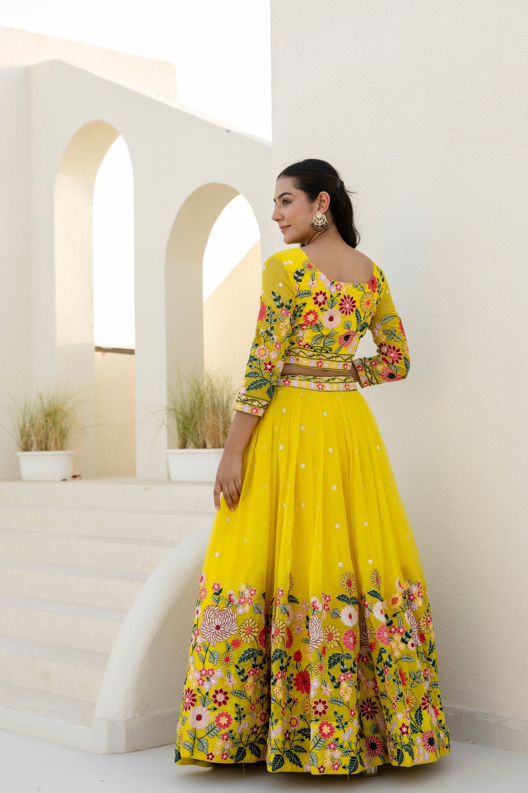 Yellow Elegant Organza Embroidered Lehenga Set with Sequins Work & Dupatta